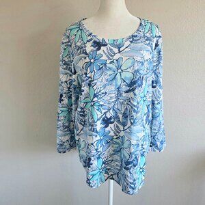 Escape by Habitat Clothes Slub Knit Top Tee Size M Foral Cotton Blue Made Peru